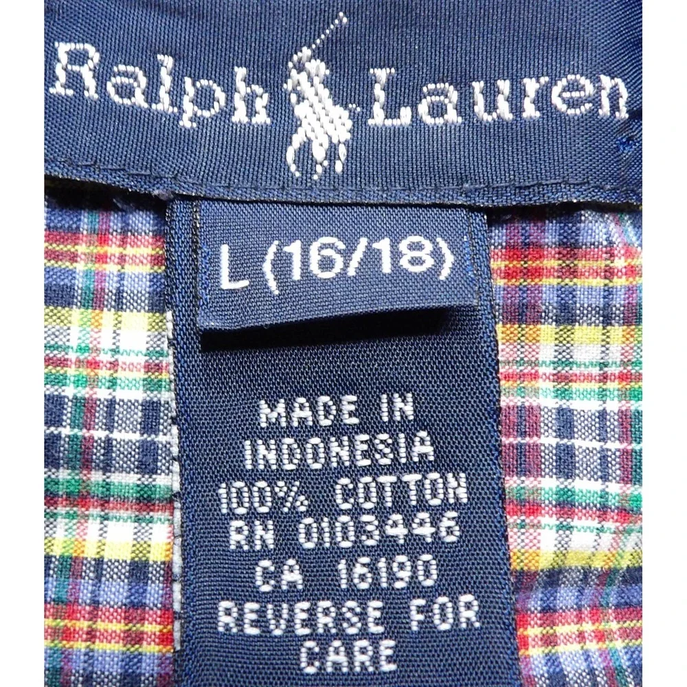 Ralph Lauren Boys Large 16/18 Plaid Button Down Shirt Madras OCBD Cotton LS Pony